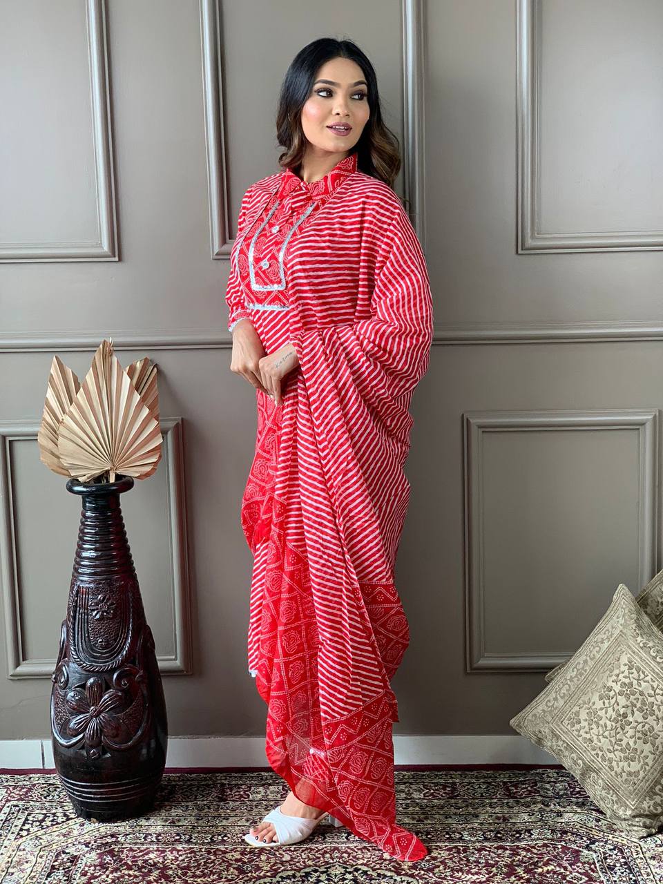 Beautiful Cotton Collar Kurta Set With Embroidered Lace Work