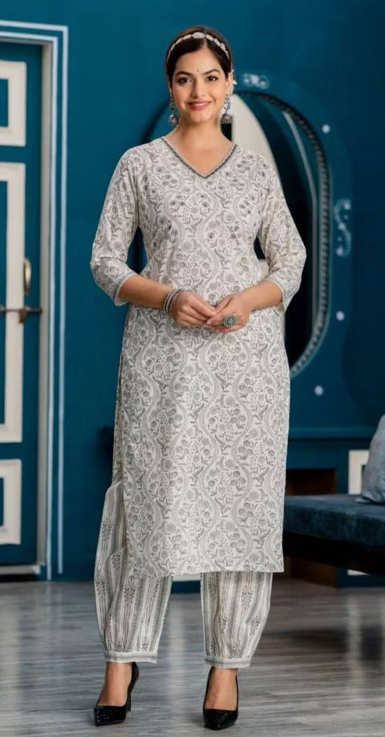 Cotton Afghani Suit Set With Mirror And Embroidery Work