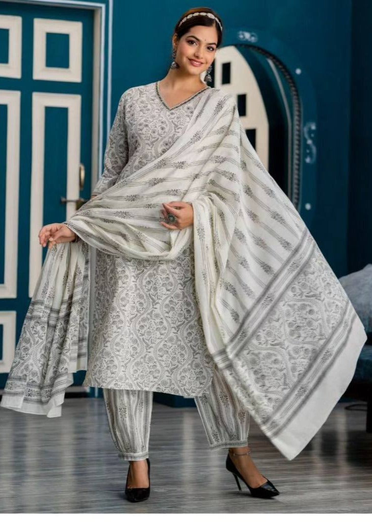 Cotton Afghani Suit Set With Mirror And Embroidery Work