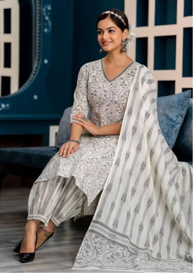 Cotton Afghani Suit Set With Mirror And Embroidery Work