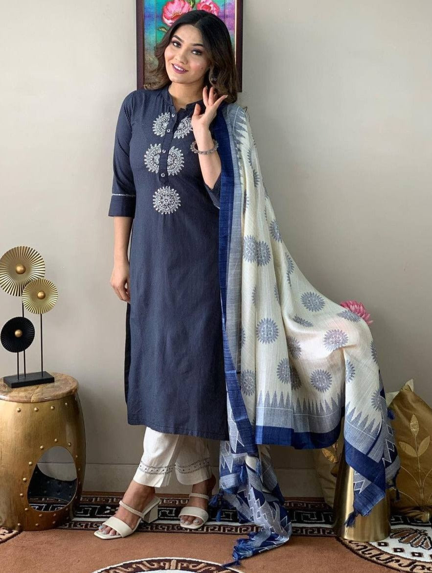 Pure Cotton Handwoven Kurta With Dupatta Set