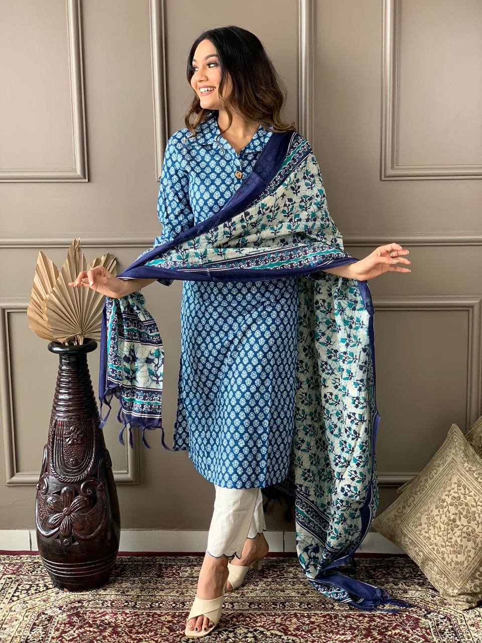 Cotton Embroidery Work Kurta With Dupatta Set