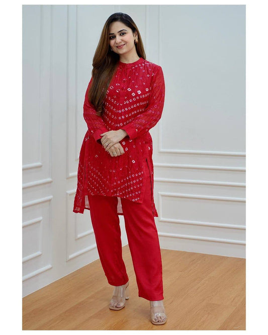 Tafeta Silk Bandhej Co-Ord Kurta Set