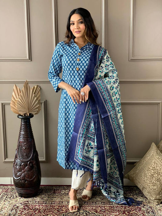 Cotton Embroidery Work Kurta With Dupatta Set