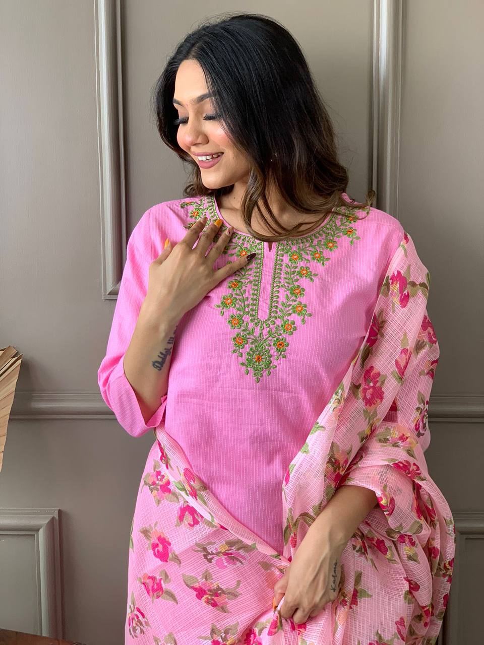 Baby Pink Embroidered Kurta Set With Digital Printed Dupatta