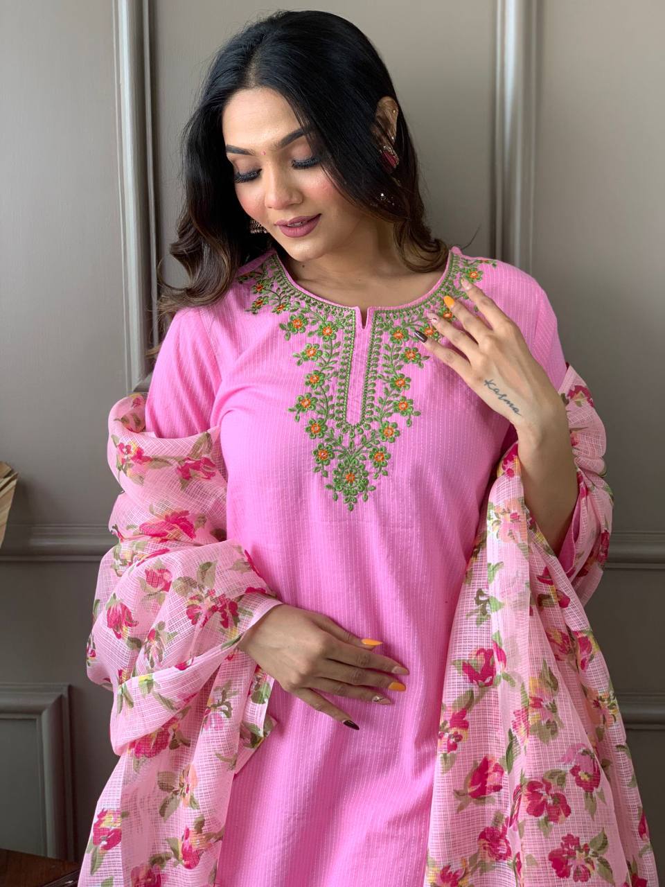 Baby Pink Embroidered Kurta Set With Digital Printed Dupatta