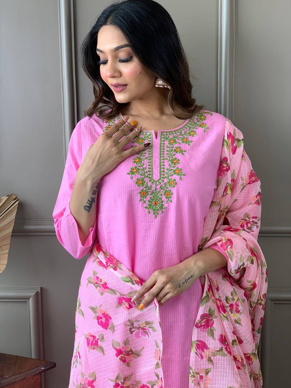 Cotton light pink Kurti With Dupatta Set