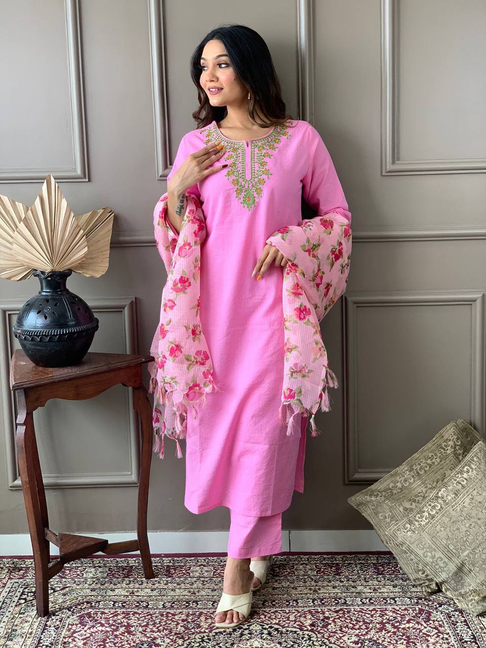 Baby Pink Embroidered Kurta Set With Digital Printed Dupatta