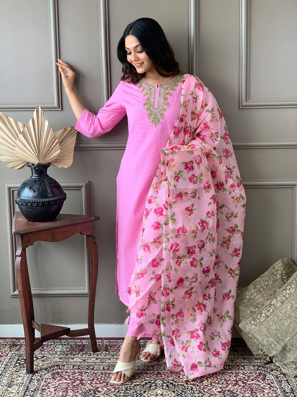 Cotton light pink Kurti With Dupatta Set