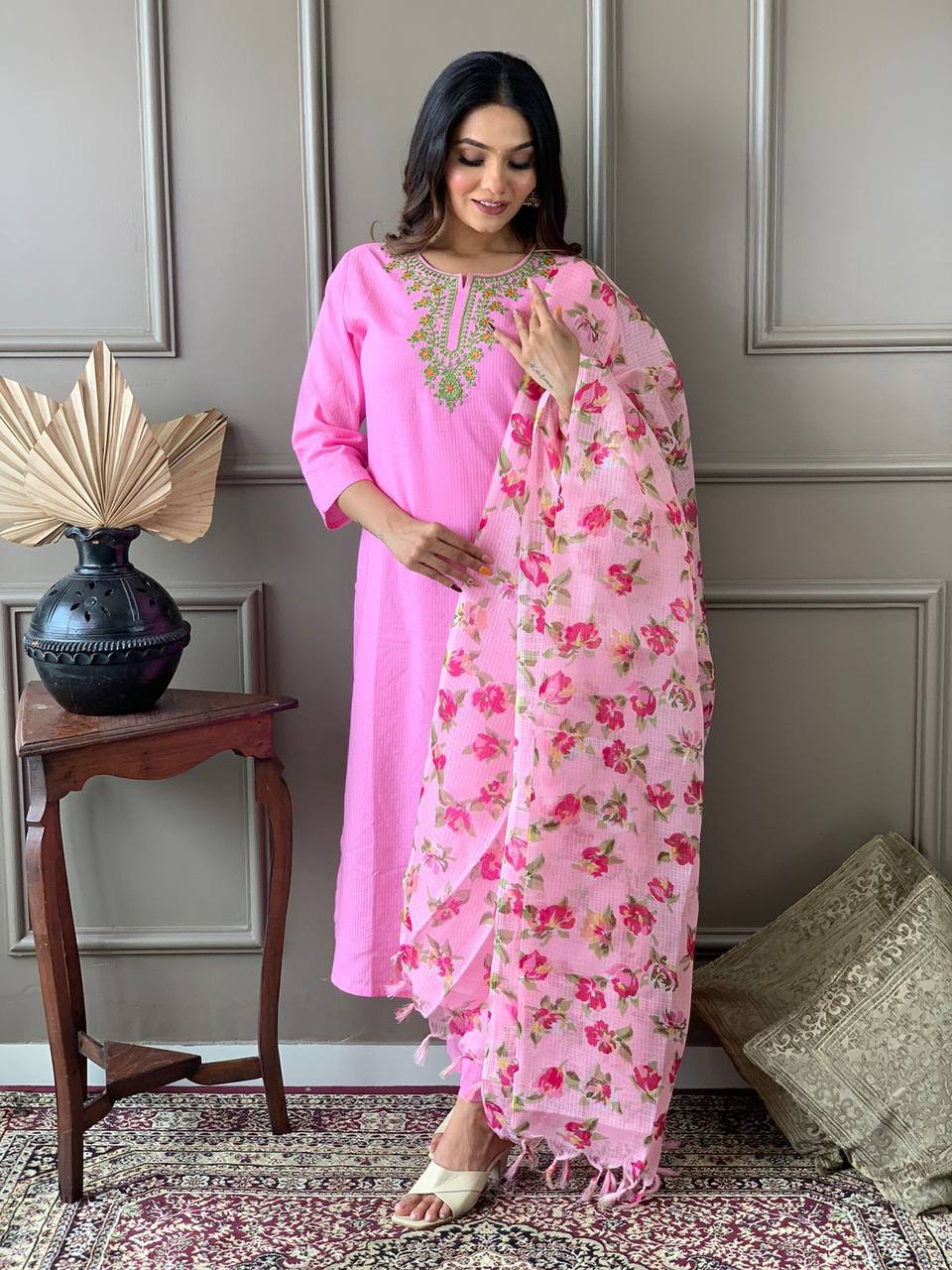 Baby Pink Embroidered Kurta Set With Digital Printed Dupatta