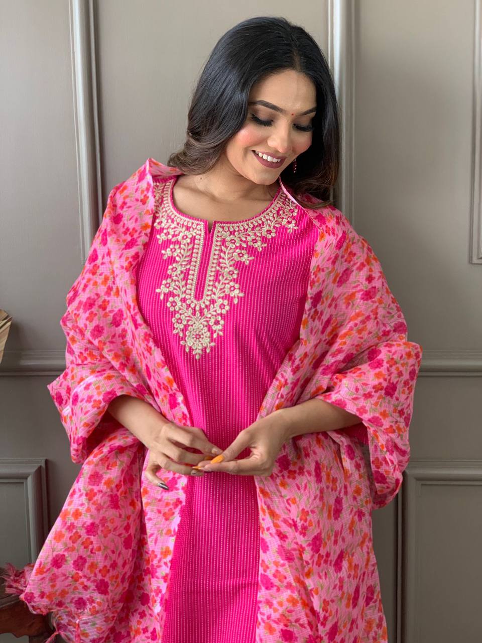 Pink Embroidered Kurta Set With Digital Printed Dupatta