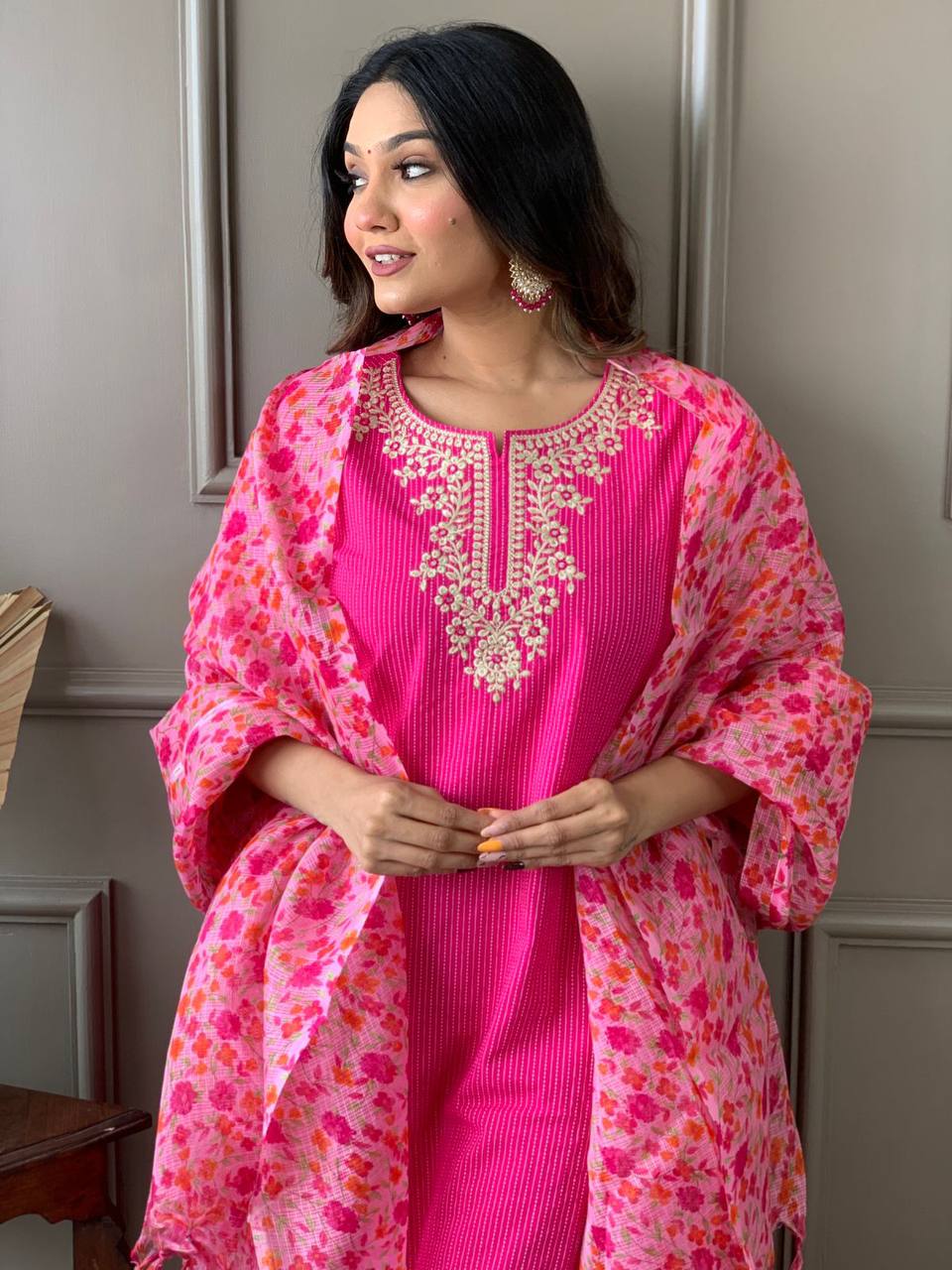 Pink Embroidered Kurta Set With Digital Printed Dupatta