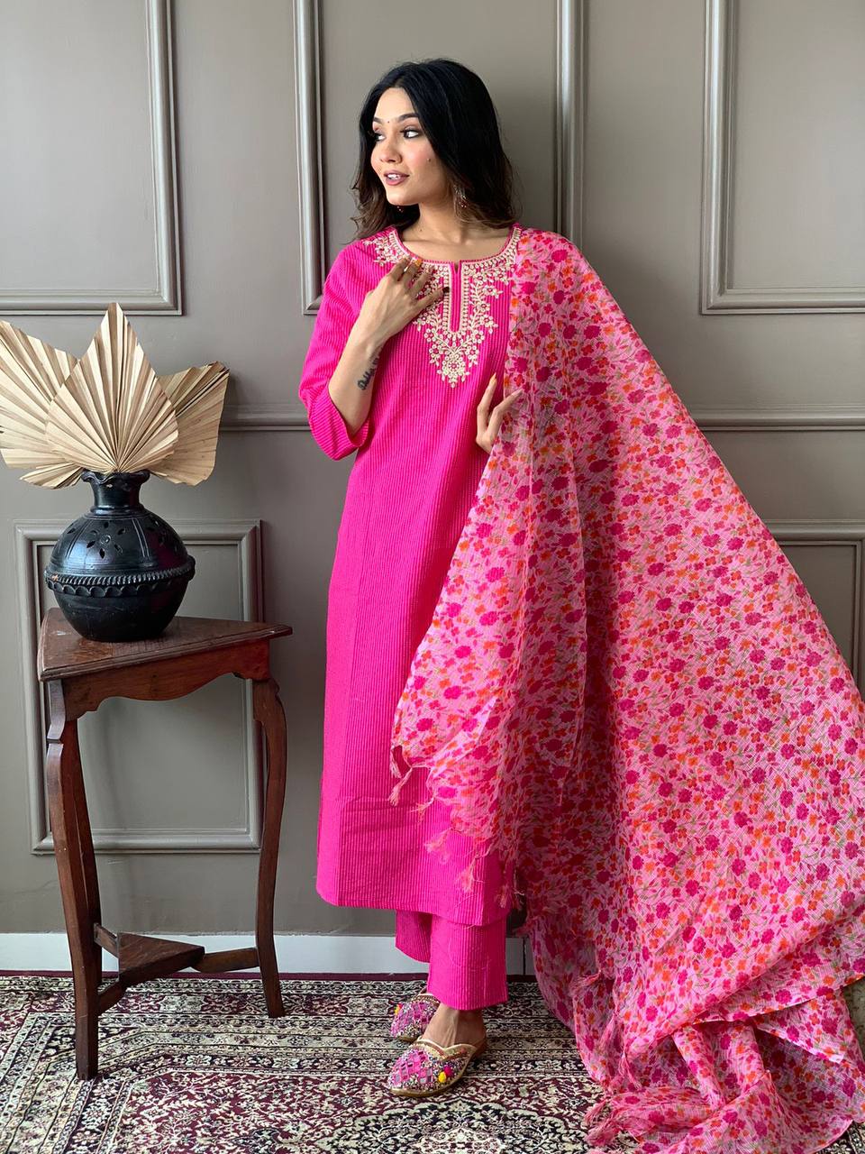 Pink Embroidered Kurta Set With Digital Printed Dupatta