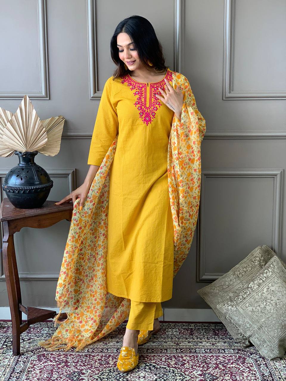 Yellow Embroidered Kurta Set With Digital Printed Dupatta