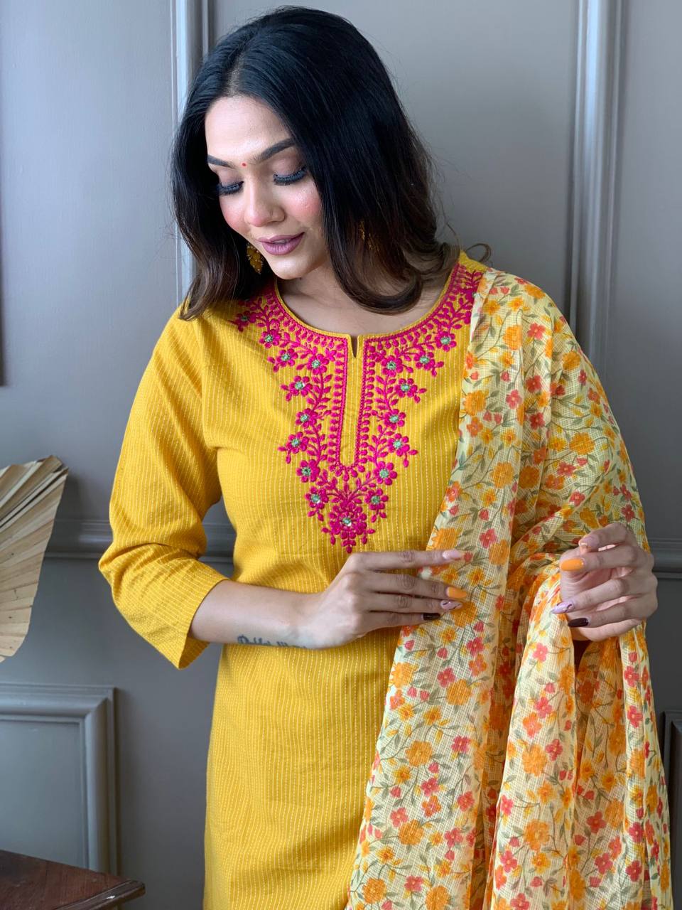 Yellow Embroidered Kurta Set With Digital Printed Dupatta