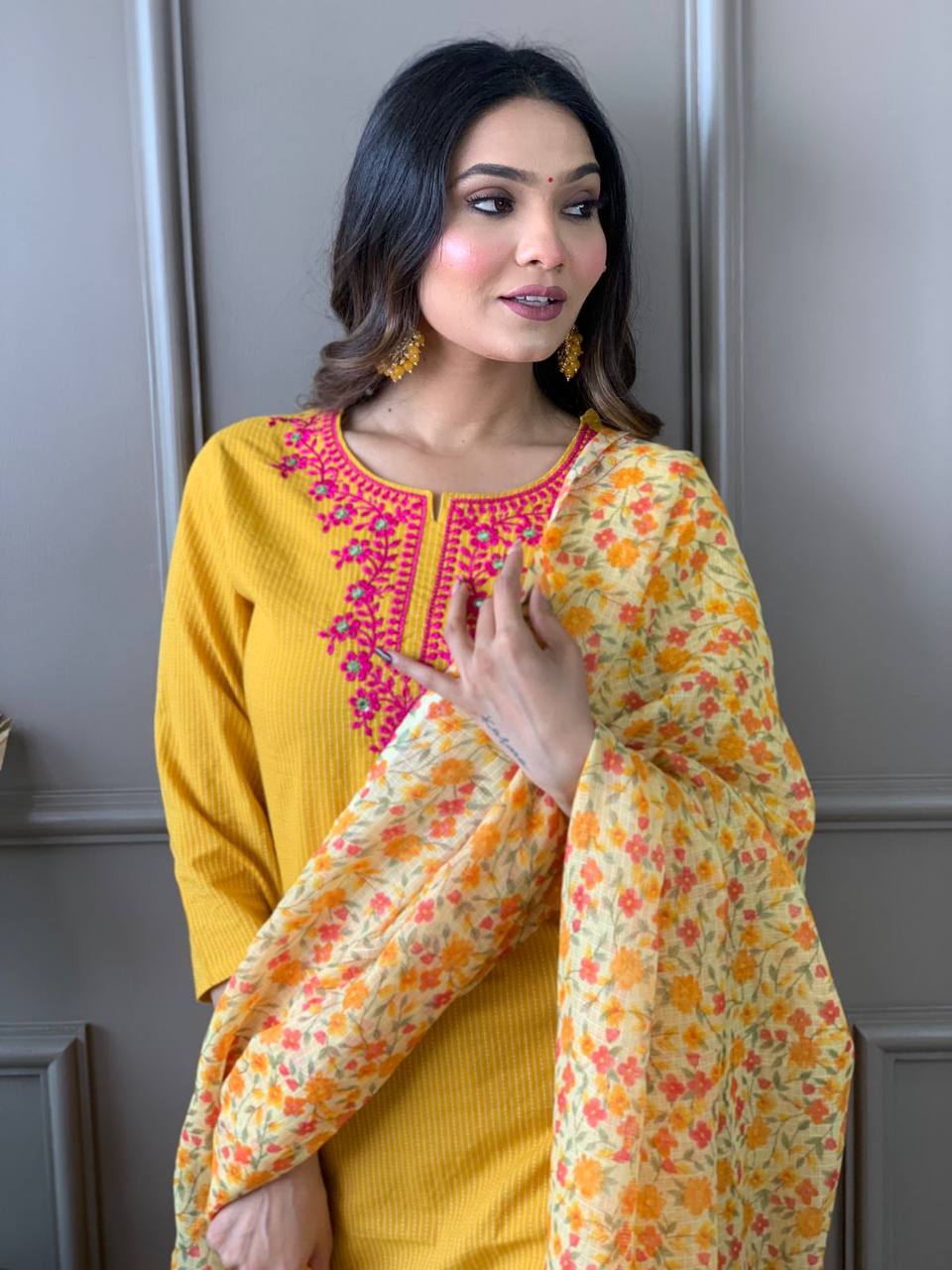 Yellow Embroidered Kurta Set With Digital Printed Dupatta