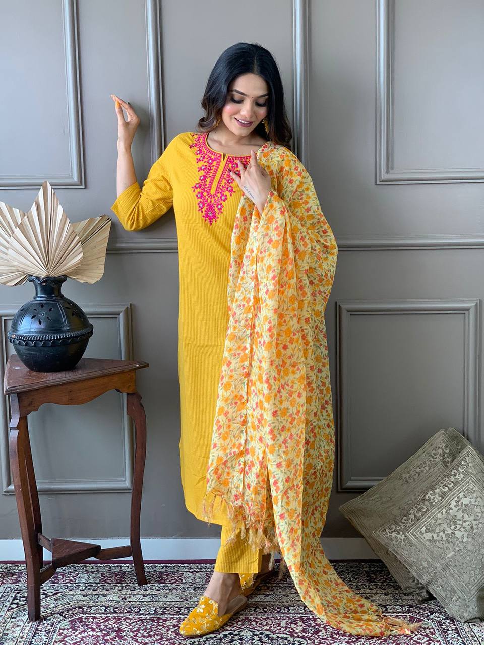 Yellow Embroidered Kurta Set With Digital Printed Dupatta