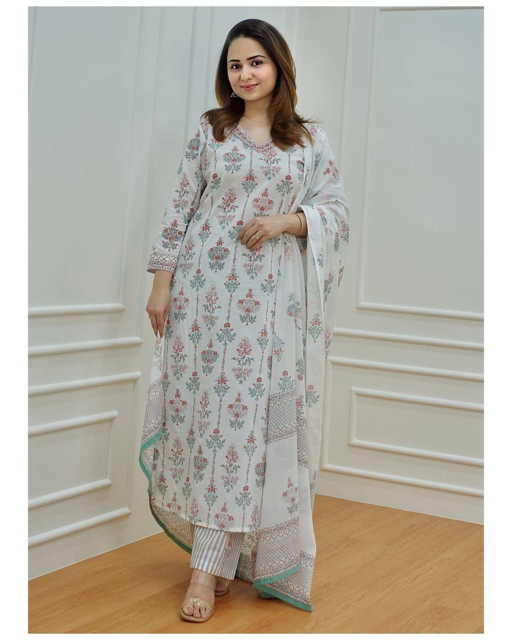 Pure Cotton Embroidered Kurta With Printed Dupatta Set
