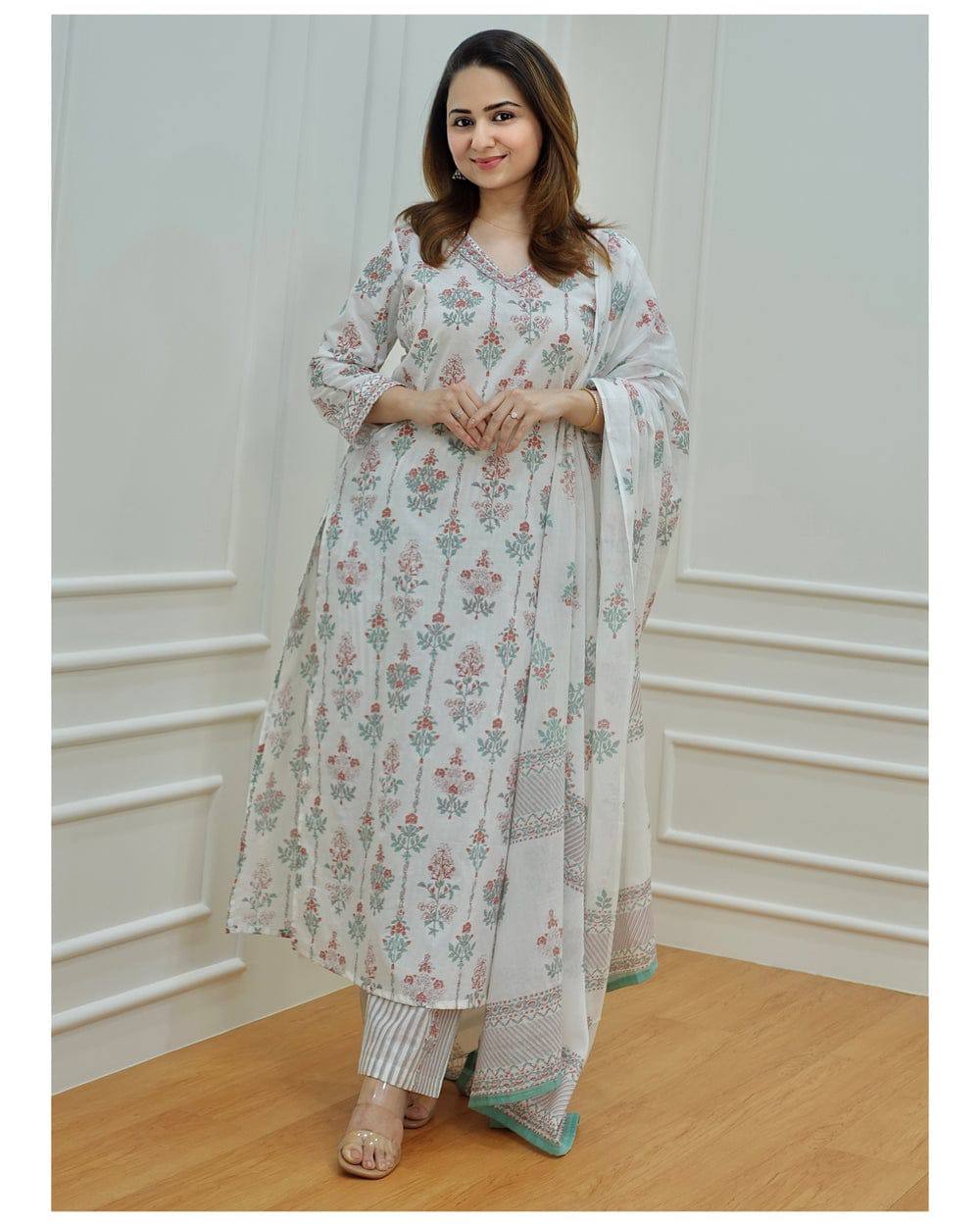 Pure Cotton Embroidered Kurta With Printed Dupatta Set