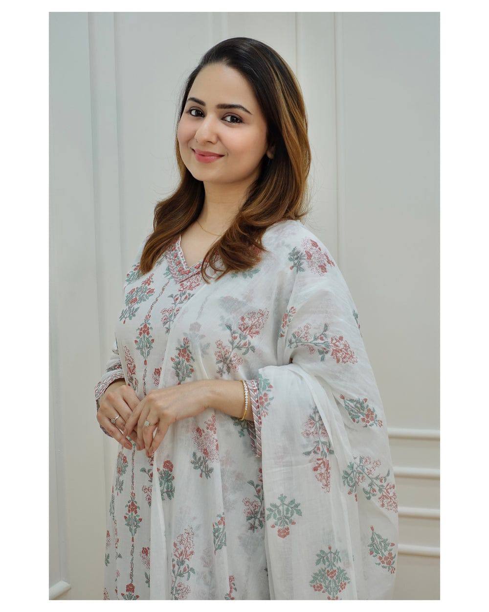 Pure Cotton Embroidered Kurta With Printed Dupatta Set