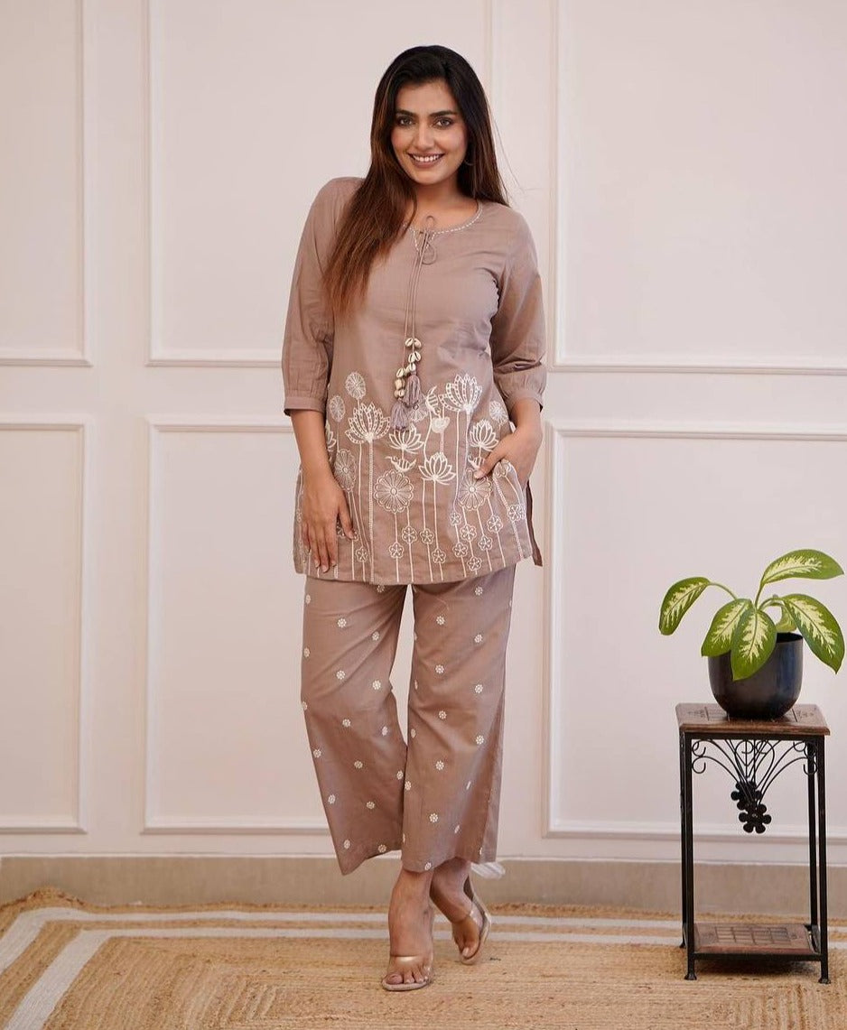 Beige Cotton Embroidered Short Kurta Top With Pant