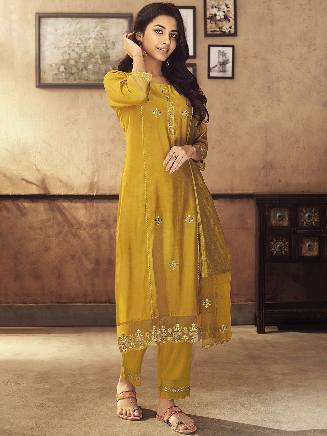 Viscose Rayon Yellow Embroidered Kurta With Dupatta Set