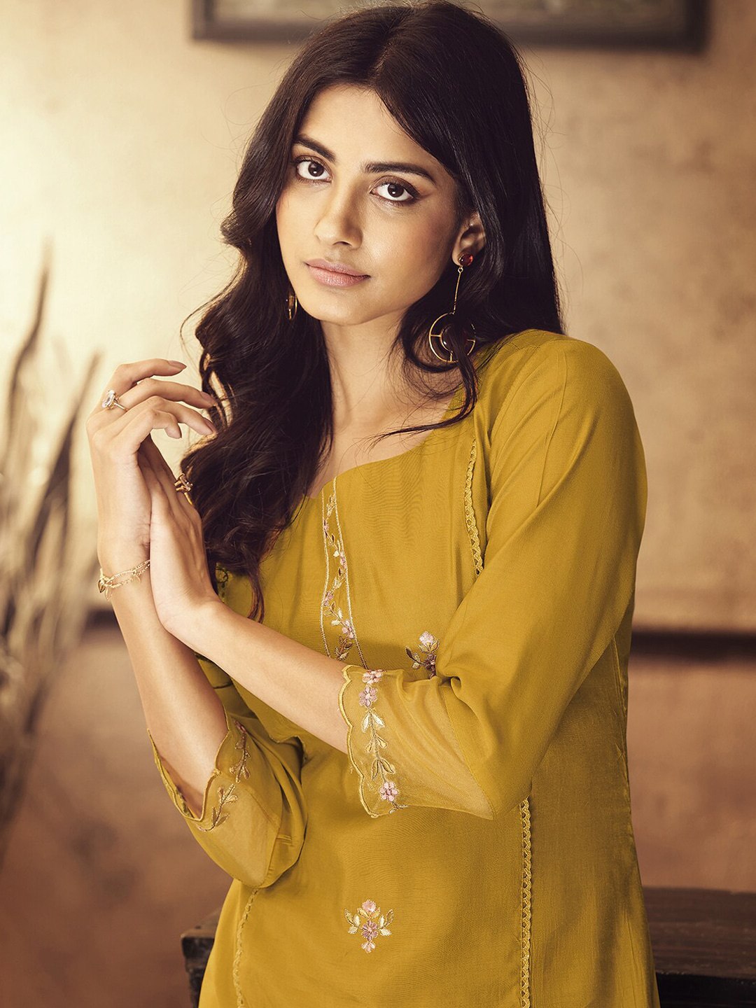 Viscose Rayon Yellow Embroidered Kurta With Dupatta Set