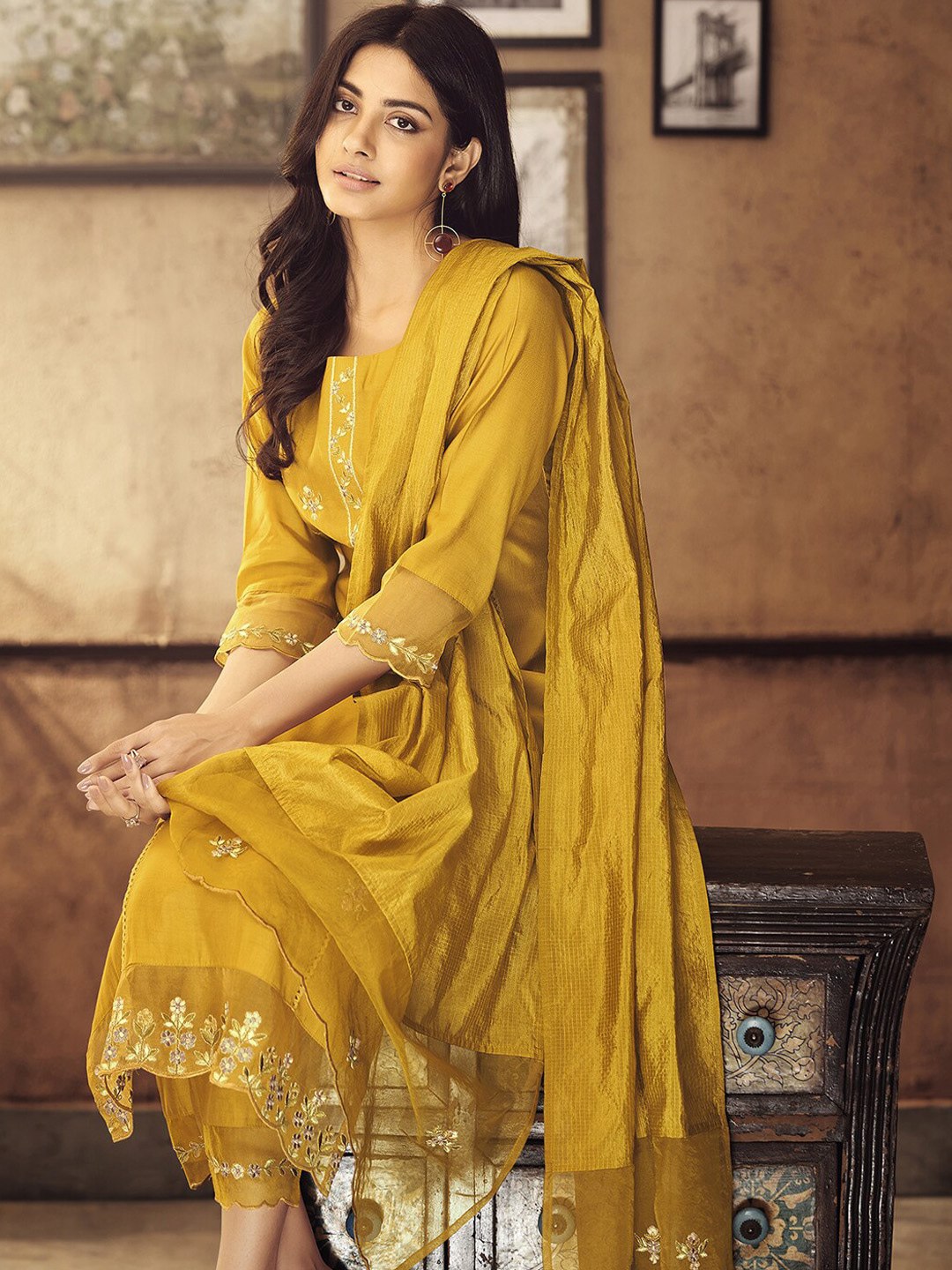 Viscose Rayon Yellow Embroidered Kurta With Dupatta Set