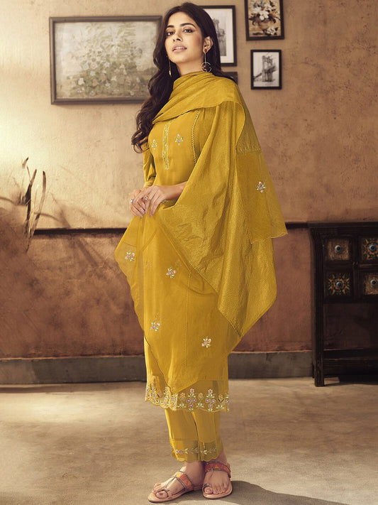 Viscose Rayon Yellow Embroidered Kurta With Dupatta Set