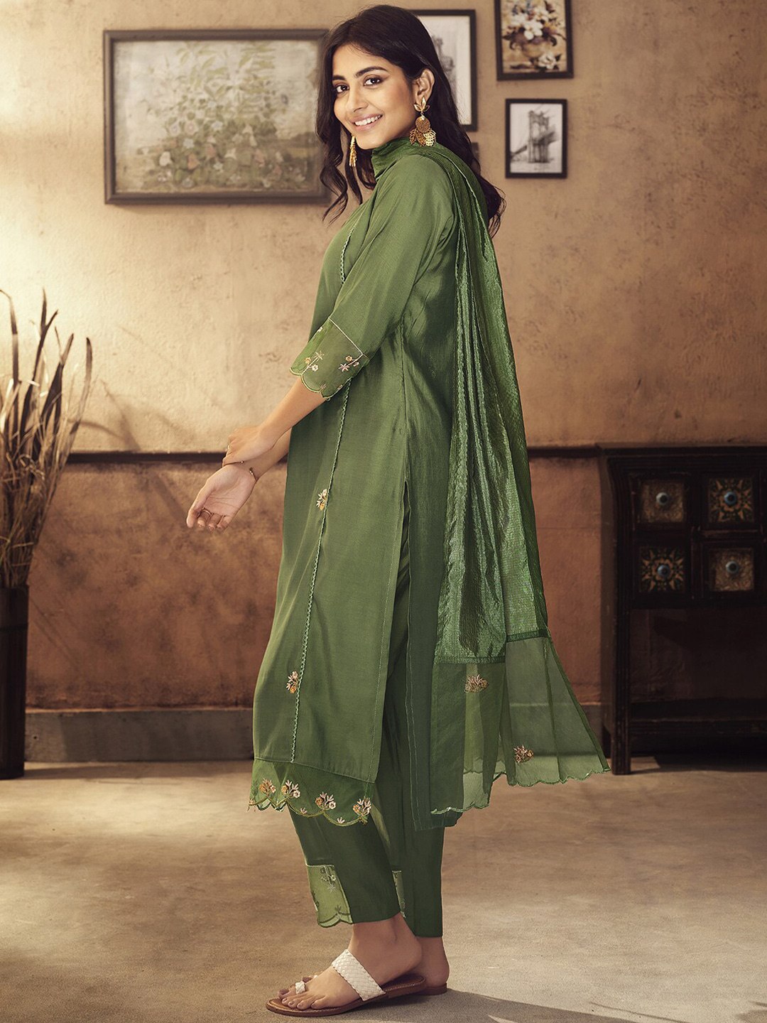 Viscose Rayon Pista Embroidered Kurta With Dupatta Set