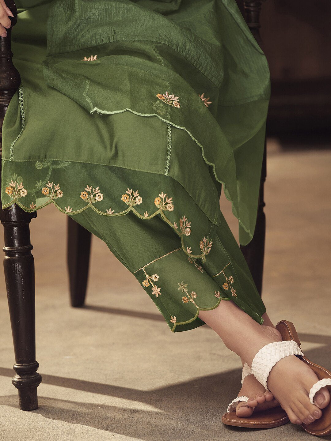 Viscose Rayon Pista Embroidered Kurta With Dupatta Set