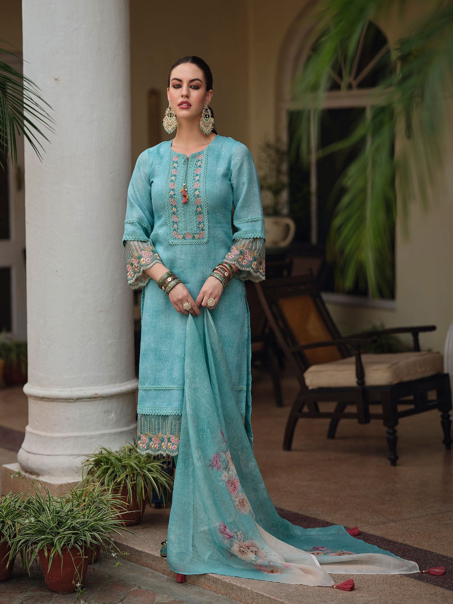 Sky Blue embroidered work cotton kurti linen dupatta set