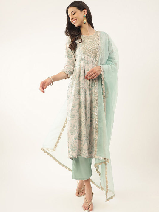 Women  Sequence Embroidered and Printed Cotton Kurta set