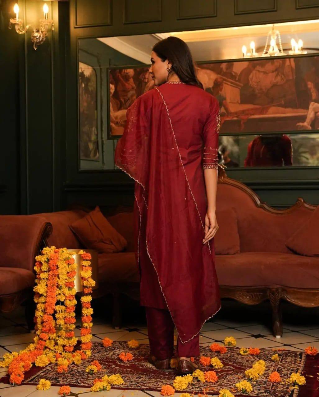 Muslin Gold Zari Embroidered Work Kurta Set With Dupatta