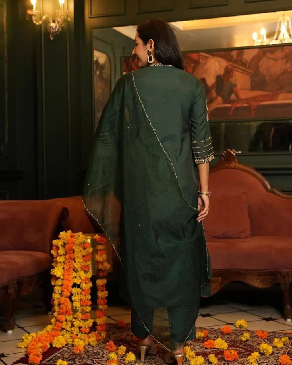 Muslin Gold Zari Embroidered Work Kurta Set With Dupatta