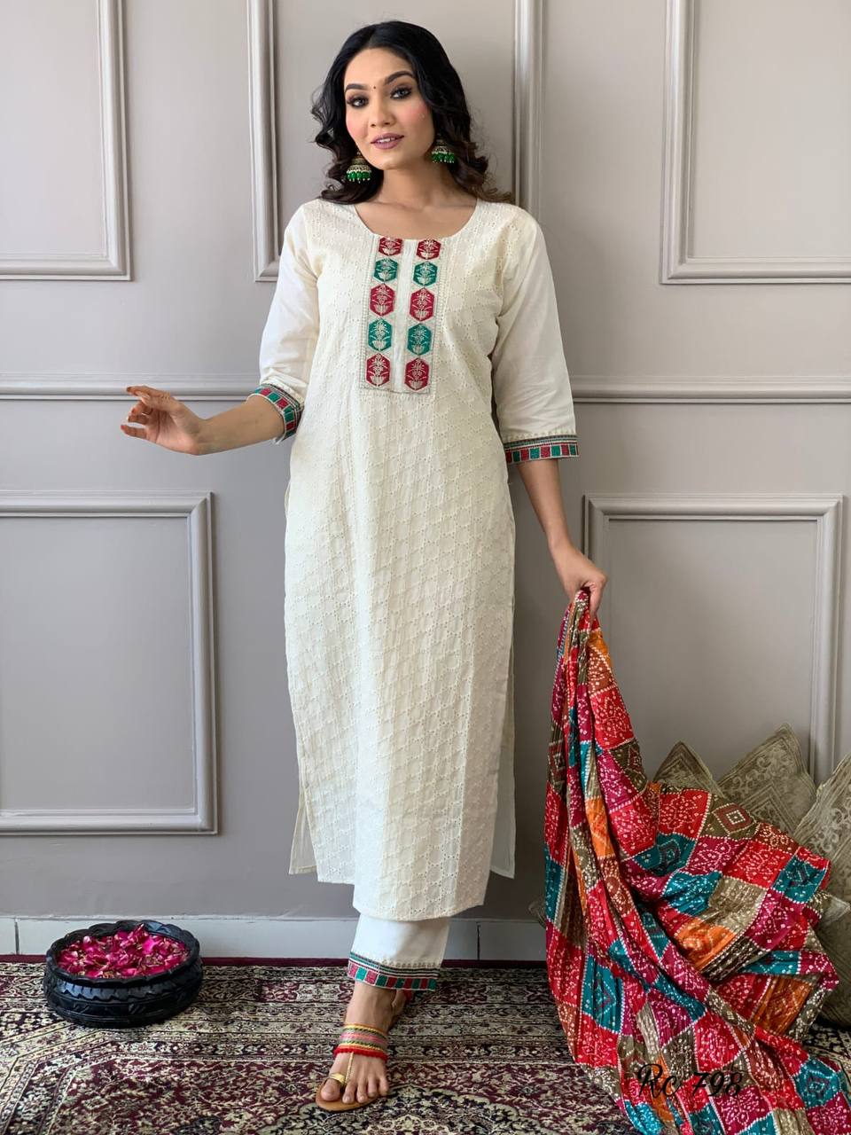 Designer Chikankari Kurta and Colourful Dupatta set