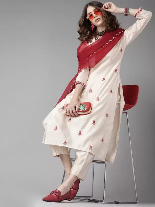Cotton Blend  Embroidery Work Kurta Set With Dupatta