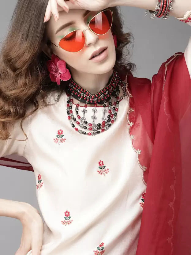 Cotton Blend  Embroidery Work Kurta Set With Dupatta