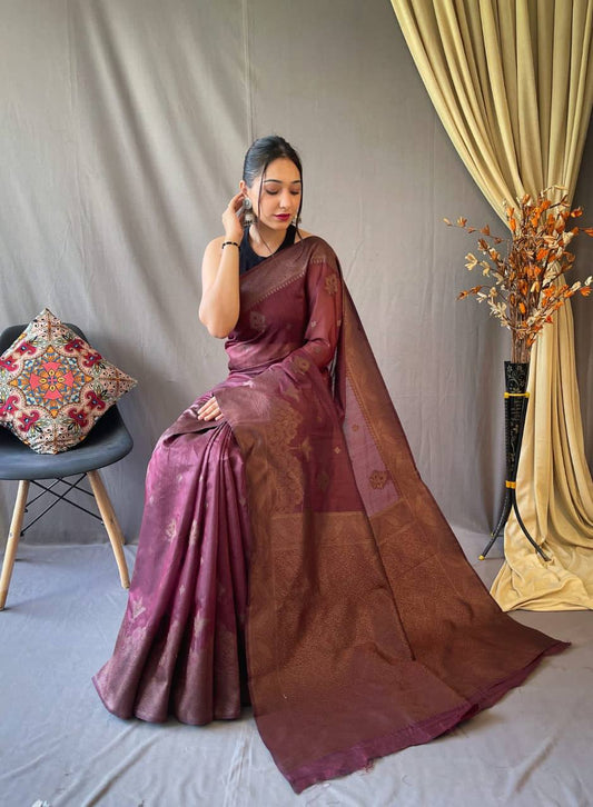 Wine Pure Linen Tissue Combination Saree