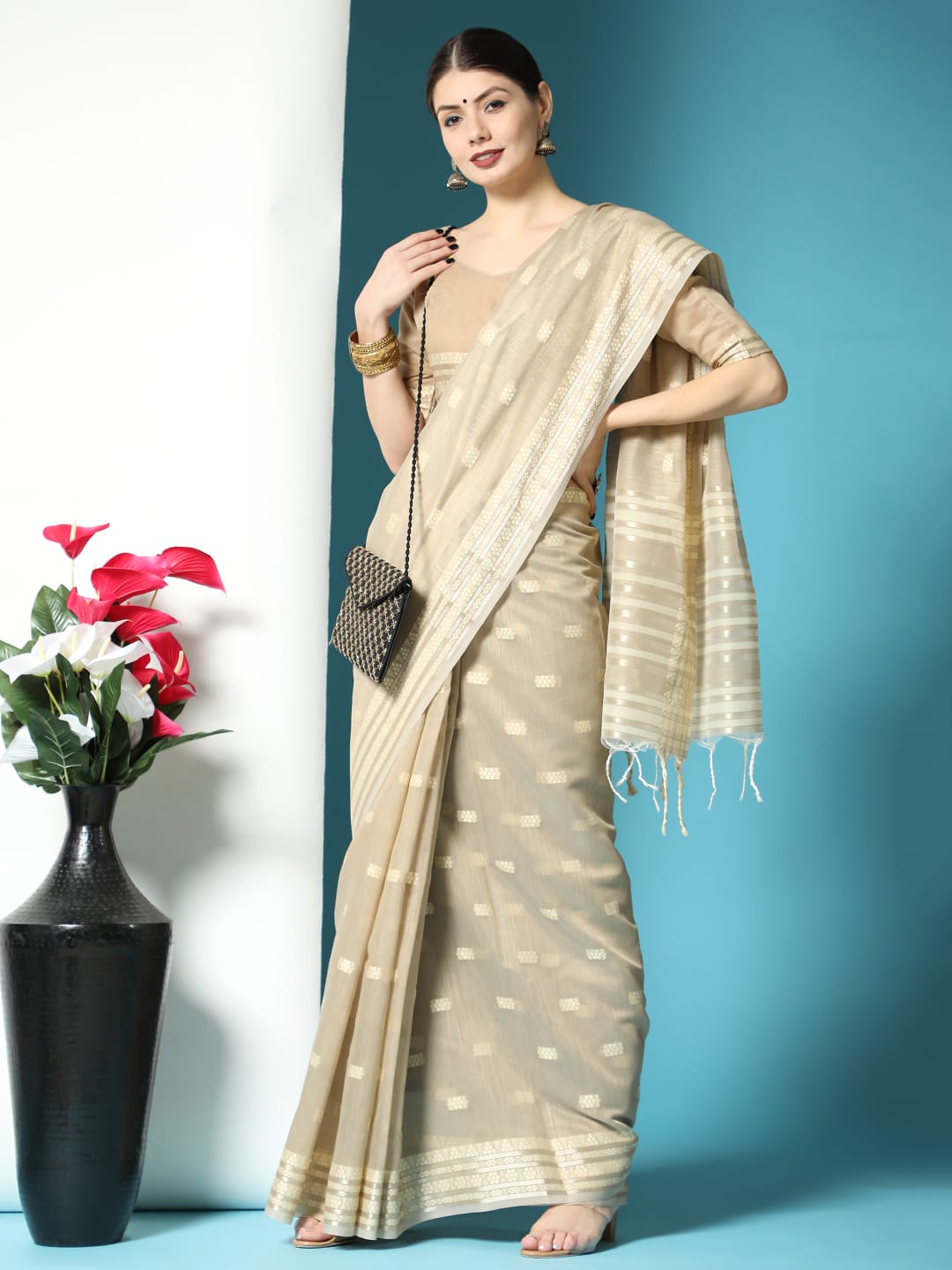 Light Grey Chanderi Chikankari Weaving Saree With Classy Zari