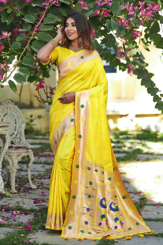 Lemon Banarasi Soft Silk Paithani Saree With Zari Border