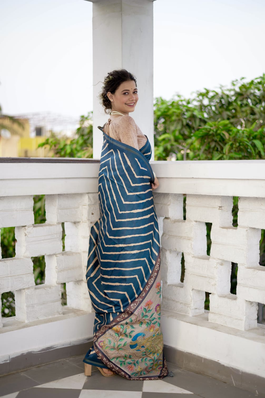 Blue Laheriya Saree With Kalamkari Peacock Pallu