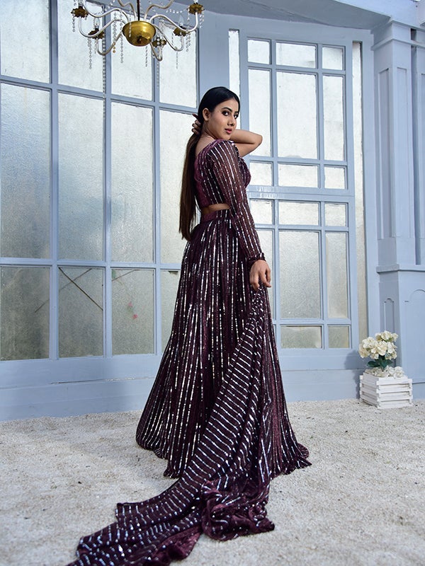 Wine Colour Embroidered Faux Georgette Party Wear Lehenga Choli
