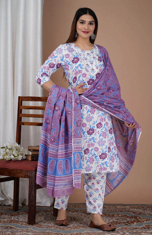 Pure Cotton Straight Kurti With Pant And Dupatta