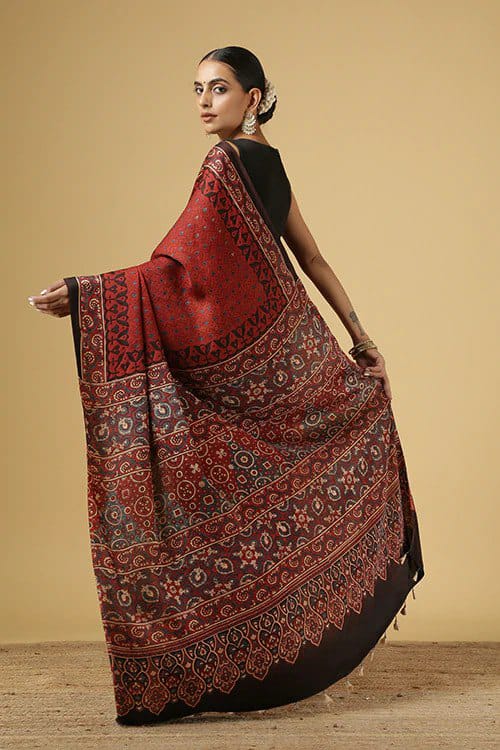 Red Ajarakh Digital Print Muslin Fabric Saree With Rich Glaze .