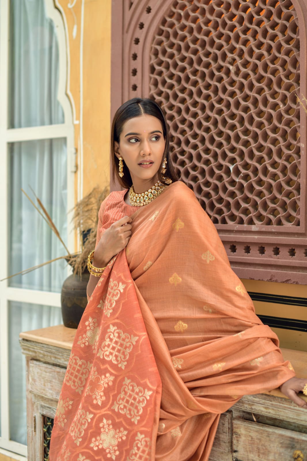 Peach Chanderi Silk Saree With Silver And Copper Zari Weaves