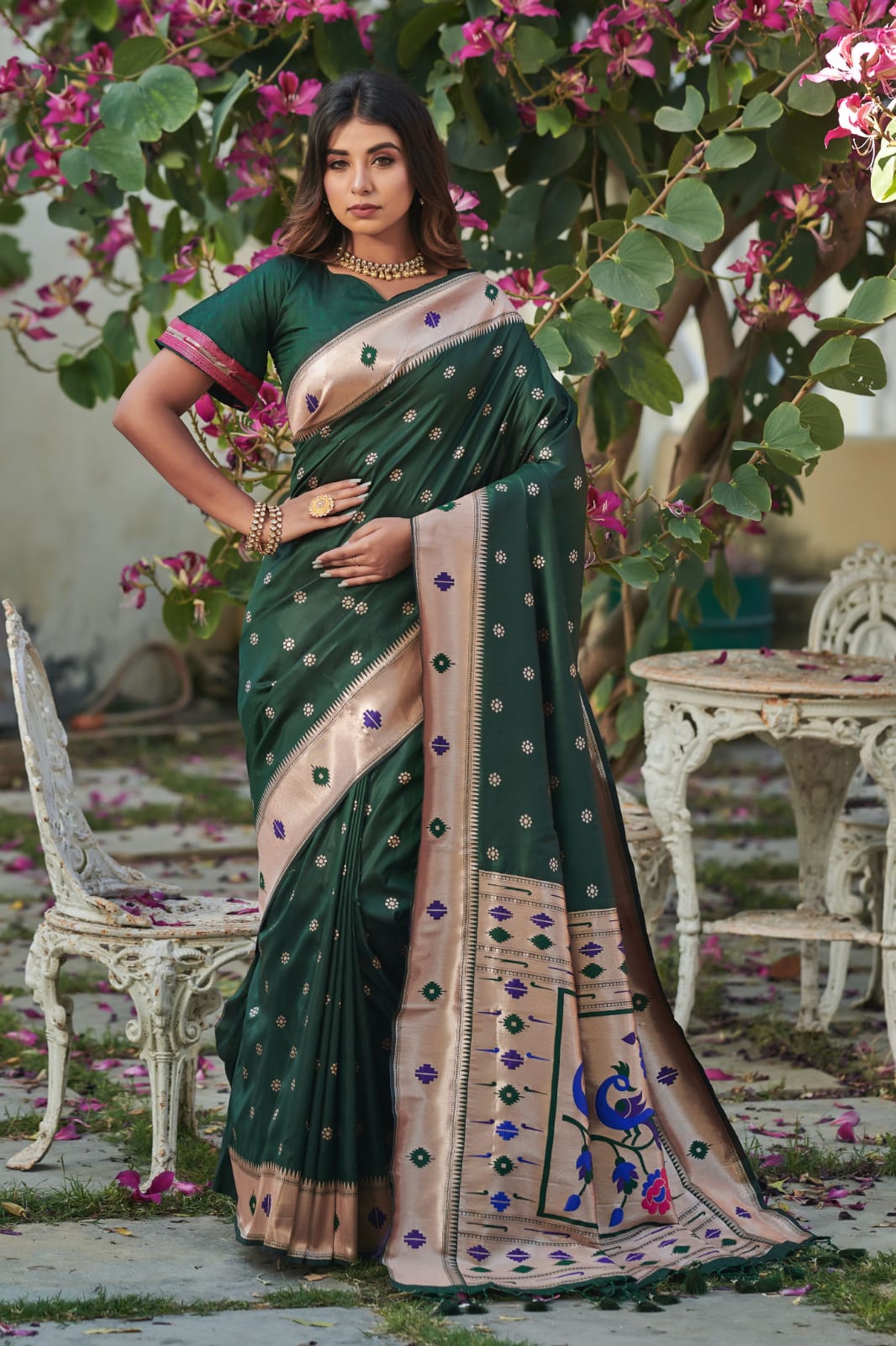 Green Banarasi Soft Silk Paithani Saree With Zari Border