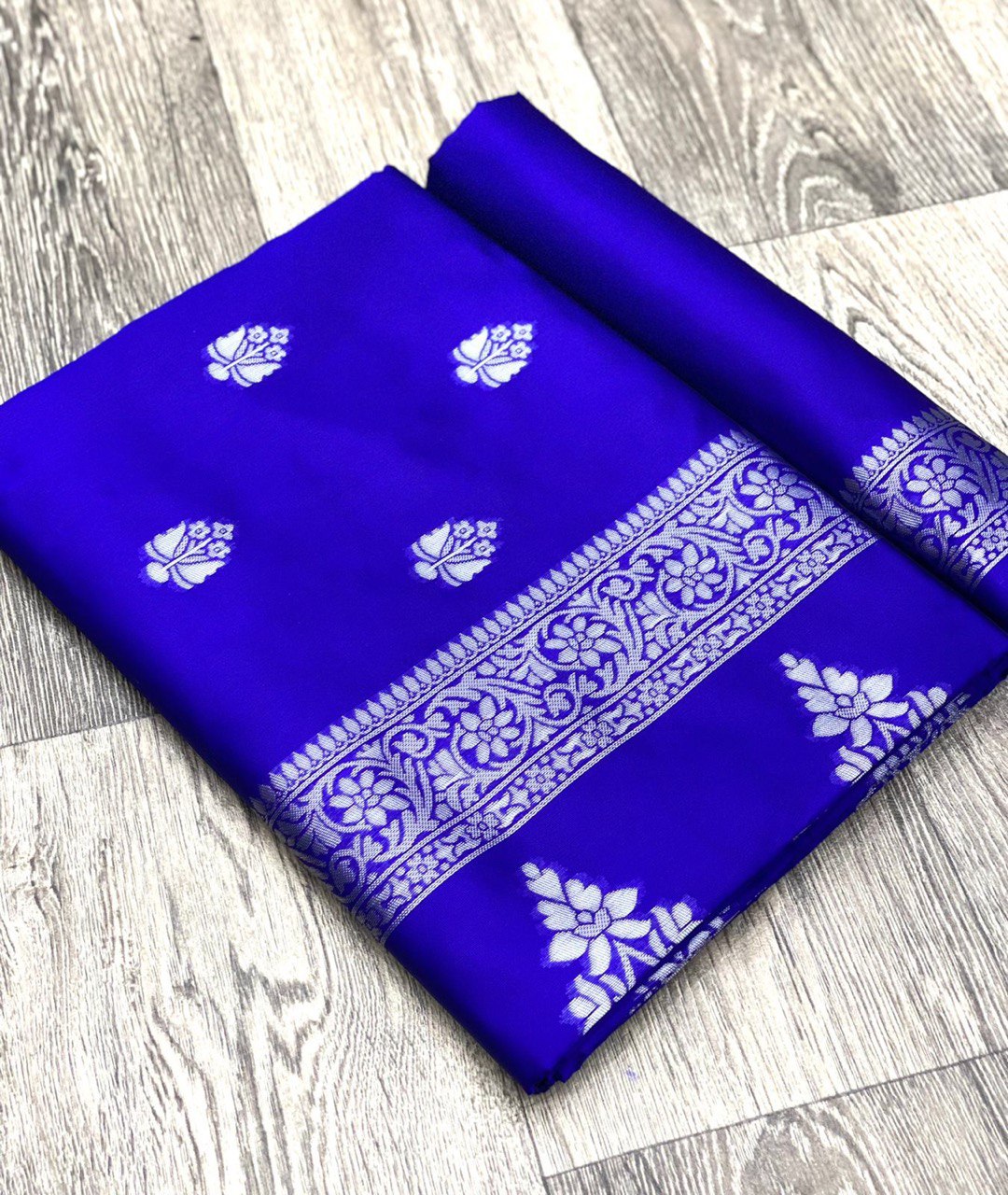 Royal Blue Lichi Silk Banarasi Saree With Silver Weaving
