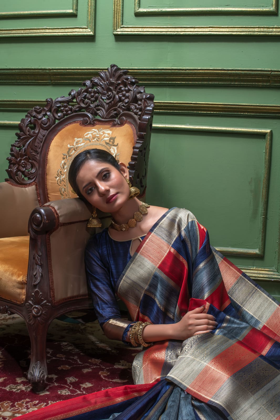 Navy Blue Tussar Silk Saree with unique Bishnoi broad Border