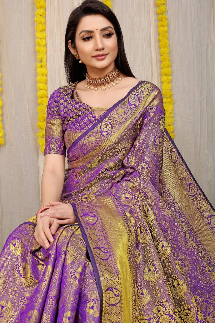 Beautiful Purple Lichi Silk Saree With Golden Weaving Work
